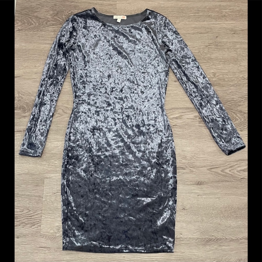 NWT Gianni Bini Gray crushed velvet long sleeve midi bodycon blue gray dress XS